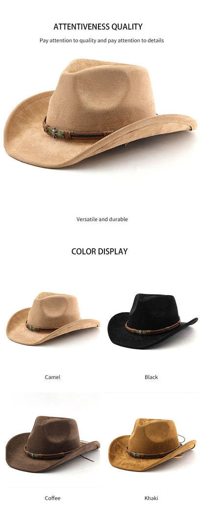 Chapéu Unissex de Cowboy/Cowgirl com Fivela, Chapéu Fedora Clássico de Aba Larga para Homens e Mulheres