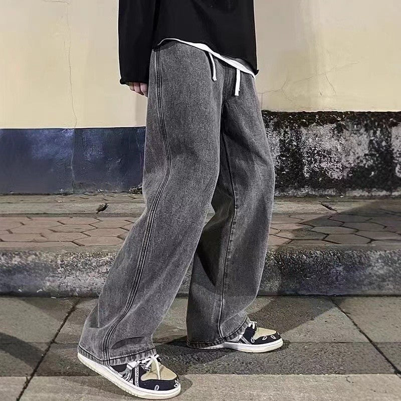 Calça Jeans Masculina Novo Estilo com Cordão Elástico na Cintura Perna Larga Solta Calça Reta de Rua Tendência Ins Calça Casual