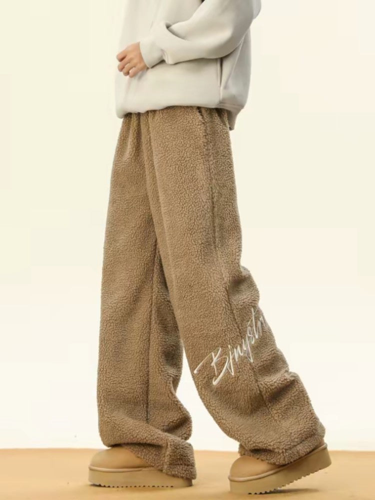 Women's Embroidered Flannel Sweatpants American Lamb Fleece Cotton Thickened Warm Couple Skiing Pants Autumn