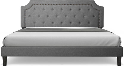 Full Size Grey Color Bed Frame Upholstered Low Profile Traditional Platform with Tufted and Nail Headboard/No Box Spring
