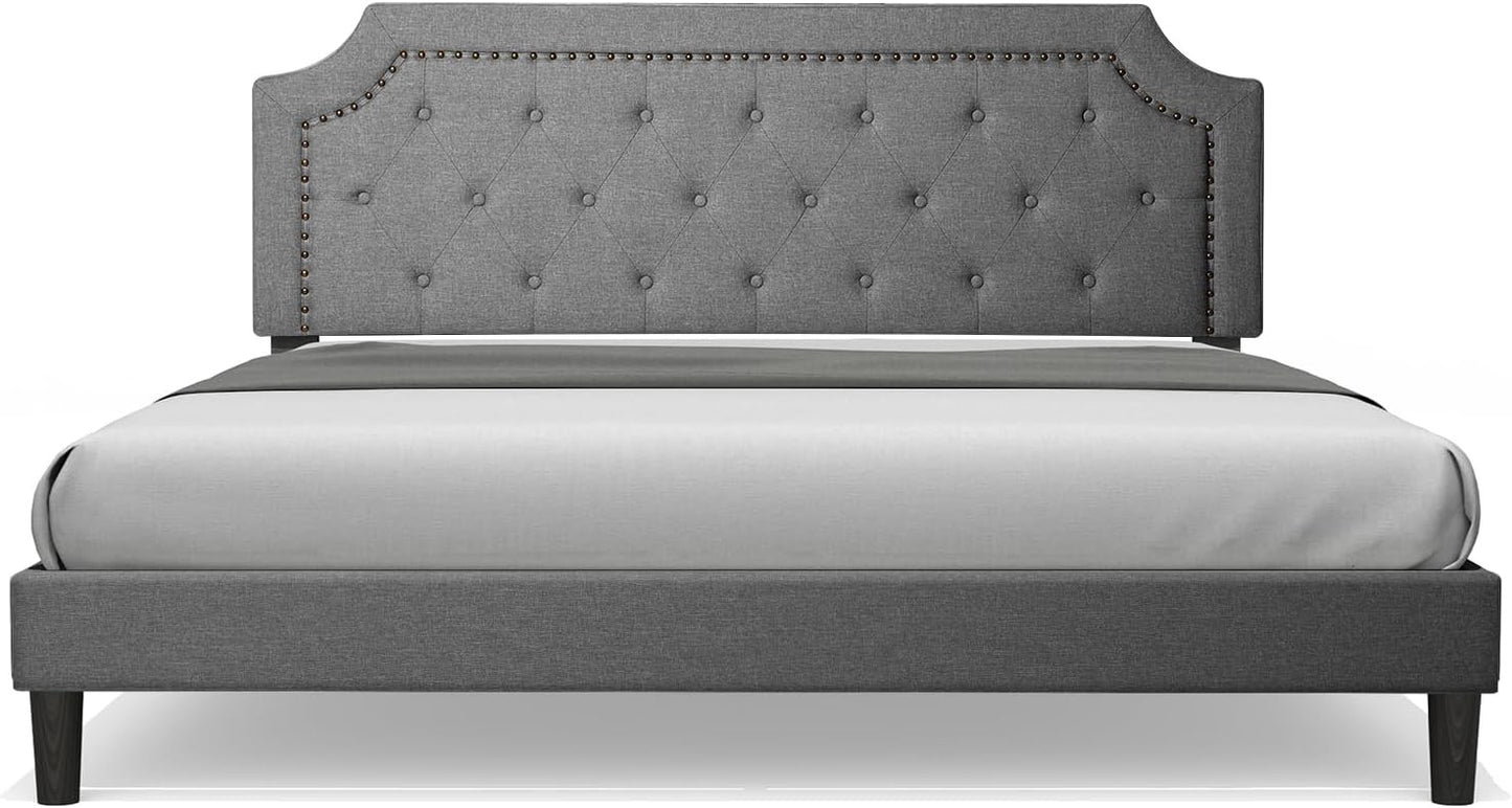 Full Size Grey Color Bed Frame Upholstered Low Profile Traditional Platform with Tufted and Nail Headboard/No Box Spring