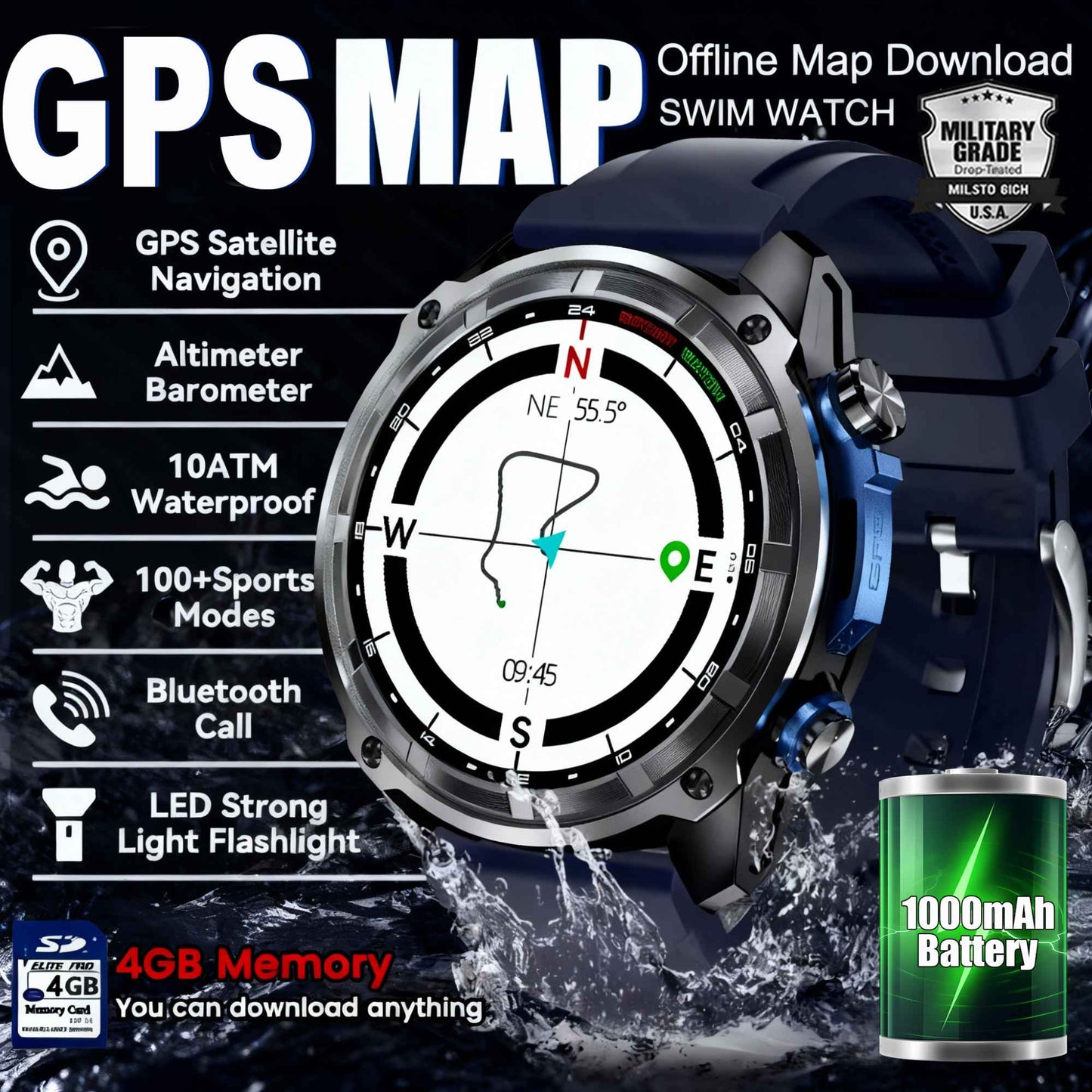 Smartwatch Esportivo Masculino 2025 com GPS Offline, 4GB de Memória, Bateria de 1000mAh, Chamada Bluetooth, Prova d'água 10ATM/IP69K para Natação