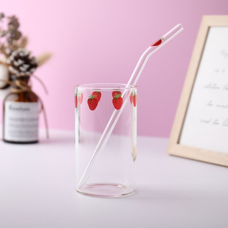 Canecas de Café Leite Água Resistentes ao Calor com Canudos Ins Nana Morango Óculos, Copo de Canudo Transparente para Sucos Smoothies Bebidas Geladas Fofo