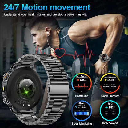 Smartwatch Militar Novo 2025 Bateria 1000mAh Monitoramento Fitness 10ATM À Prova D'Água Táticas Esportivas Lanterna Pulseira para Chamadas Masculino
