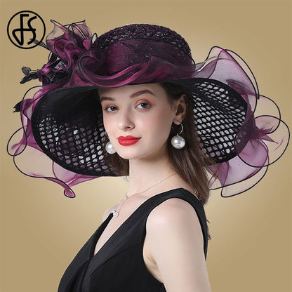 FS Mulheres Organza Vermelha Chapéus Casamento Fascinadores Elegante Grande Aba Larga Fedora Kentucky Derby Chapéus Festa Formal Igreja Chapéu Feminino