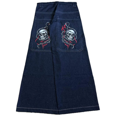 Y2K Vintage Punk Jeans Large Pockets Barbed Wire Skull Printing Loose Wide Leg Jeans Hip Hop Men Women Fashion Casual Streetwear