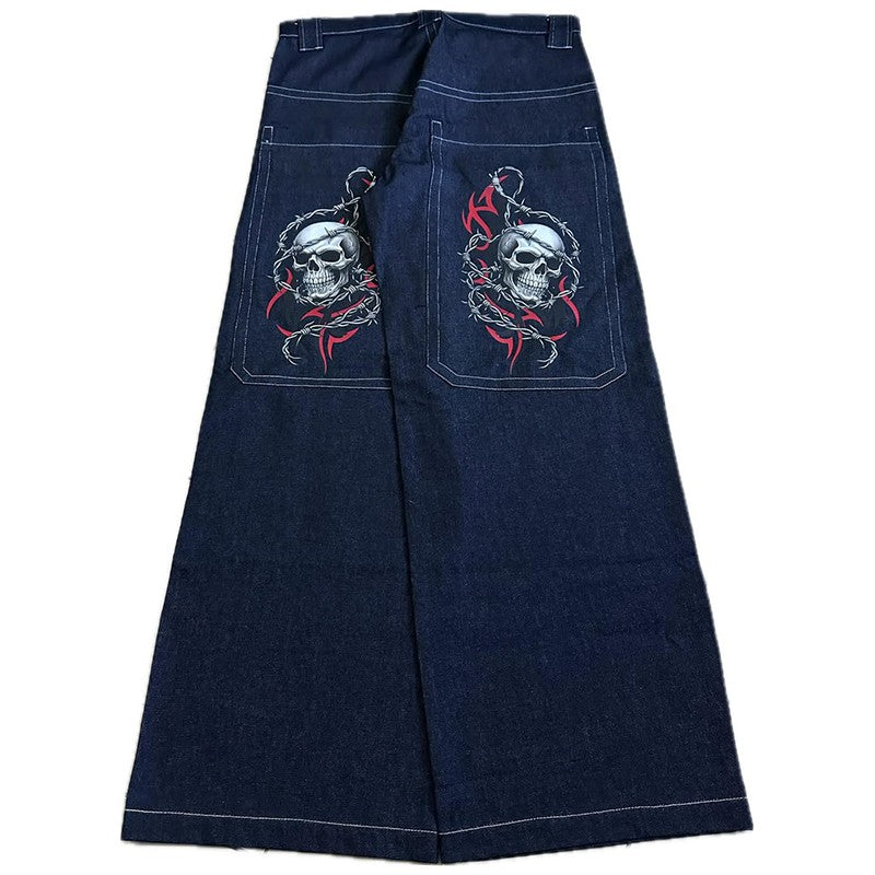 Y2K Vintage Punk Jeans Large Pockets Barbed Wire Skull Printing Loose Wide Leg Jeans Hip Hop Men Women Fashion Casual Streetwear