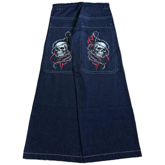 Y2K Vintage Punk Jeans Large Pockets Barbed Wire Skull Printing Loose Wide Leg Jeans Hip Hop Men Women Fashion Casual Streetwear