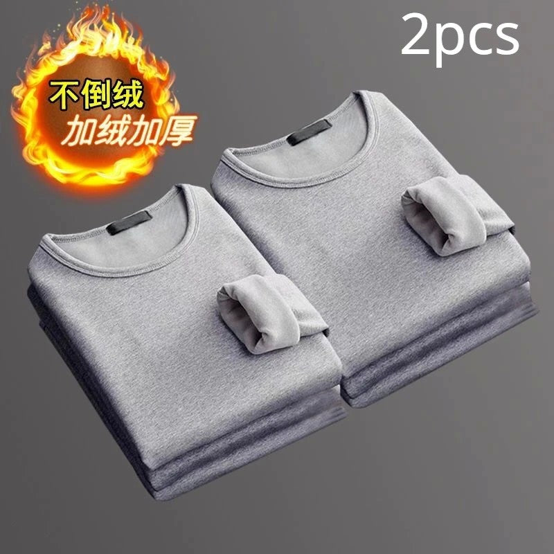 2PCS Men's Underwear Winter Long-sleeved Thermal Underwear Plus Velvet Padded T-shirt O-Neck Solid Color Slim Bottoming Shirt