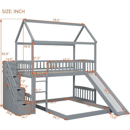 House Bunk Bed with Slide and Stairs, Twin Over Full Bunk Bed with Storage and Steps, Wood Playhouse Bunk Bed for Kids