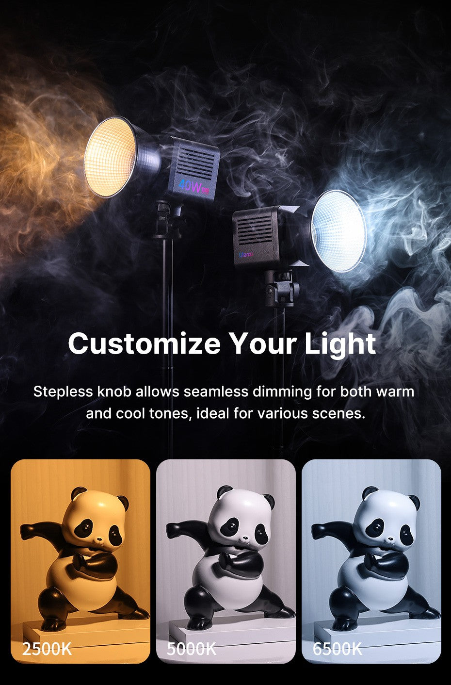 Ulanzi L024 Luz de Vídeo RGB 40W 2500-6500K Bicolor 0-359° Luz COB RGB Mini Montagem Bowens Luz de Preenchimento 3400mAh Luz COB