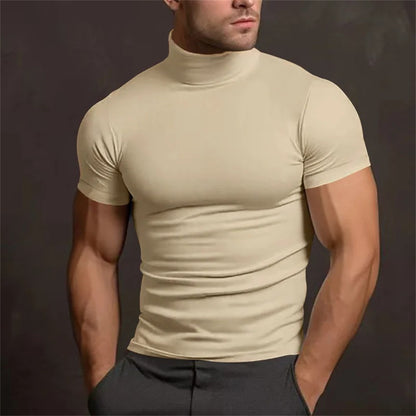 Cross-border Amazon 2024 summer solid color short-sleeved fashion bottoming shirt men's tight turtleneck T-shirt