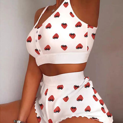 2 Pieces Set Women's Pajama Shorts Suit Multiple Print Underwear Sexy Lingerie Camisoles Tanks Nighty Ladies Loungewear Homewear