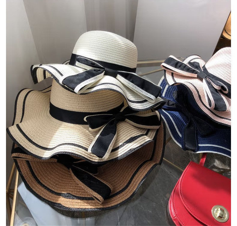 Beach HatJapanese Everything Hairy Edge Straw Hat Female Summer dome  Top Outing Sun Hat Small Fresh Bow Sun Shade Beach Hat