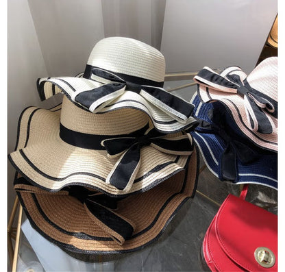 Beach HatJapanese Everything Hairy Edge Straw Hat Female Summer dome  Top Outing Sun Hat Small Fresh Bow Sun Shade Beach Hat