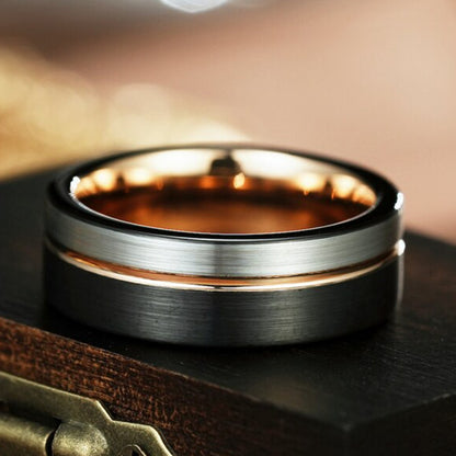 Anéis de Carboneto de Tungstênio Masculino Feminino 8mm Clássico Moda Rosa Dourado Canelado Martelado Anéis de Casamento para Casais Namoro Aniversário