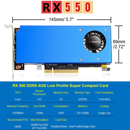 SRhonyra RX550 4GB GDDR5 128bit Low Profile Graphics Card,HDMI+DP Output,PCIe 3.0, 4/8K Desktop GPU for Office/Light Gaming