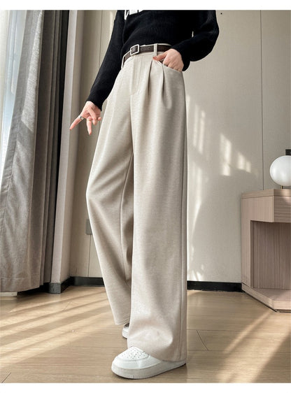 High Quality Woolen Wide Leg Pants Women Streetwear Belt Baggy Black Suit Pants Winter Korean Fashion Casual Straight Trousers