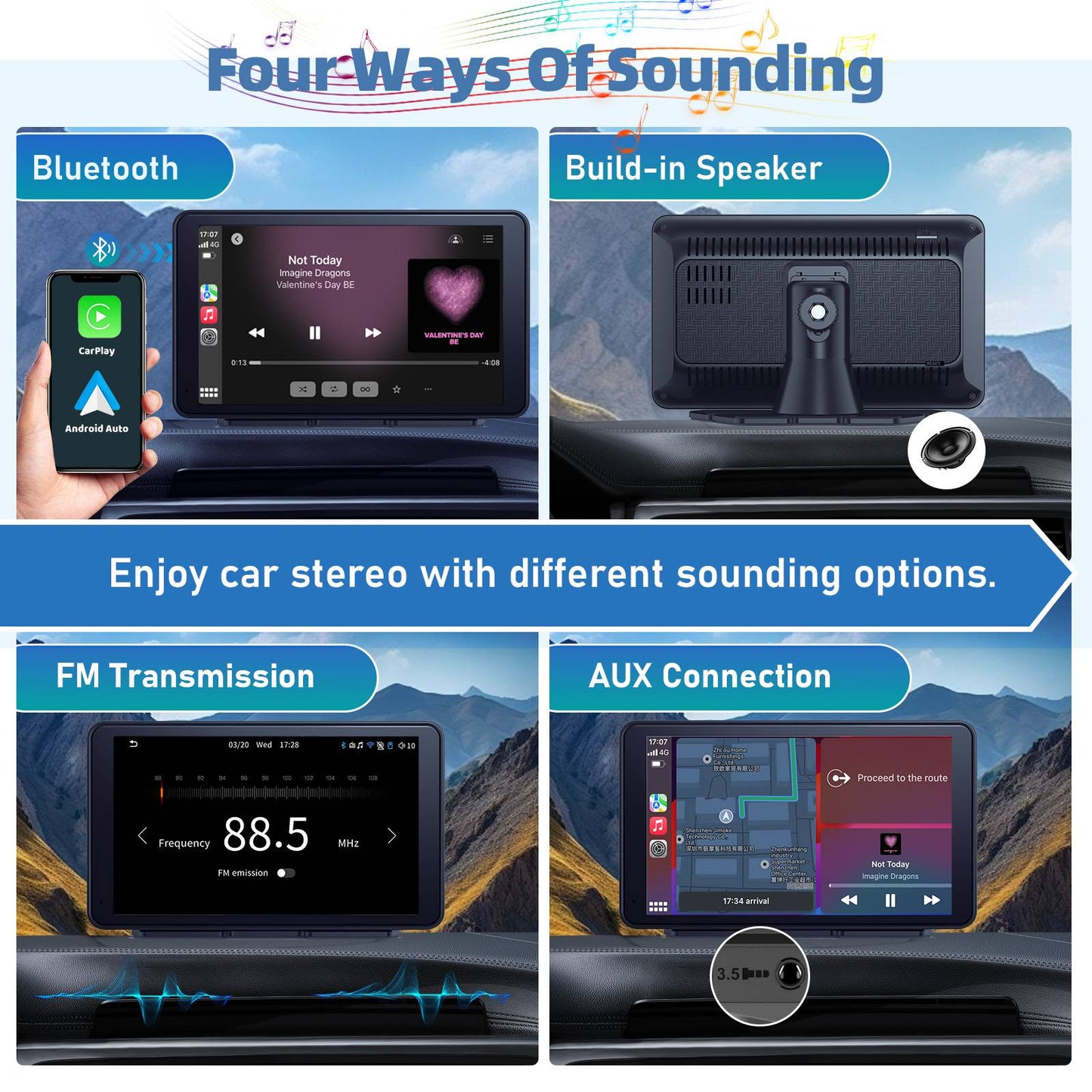 Tela CarPlay sem fio para carro, tela sensível ao toque estéreo portátil HD de 7" com Apple CarPlay e Android Auto, tela CarPlay com câmera de ré