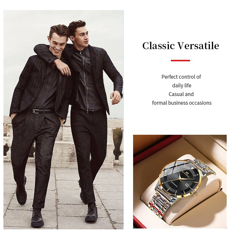 2024 New Men Watch Stainless Steel Business Style Luxury Rhinestone 43mm Blue Gold Quartz Movement Wristwatch Relogios Masculino