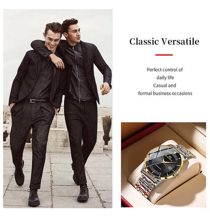 2024 New Men Watch Stainless Steel Business Style Luxury Rhinestone 43mm Blue Gold Quartz Movement Wristwatch Relogios Masculino