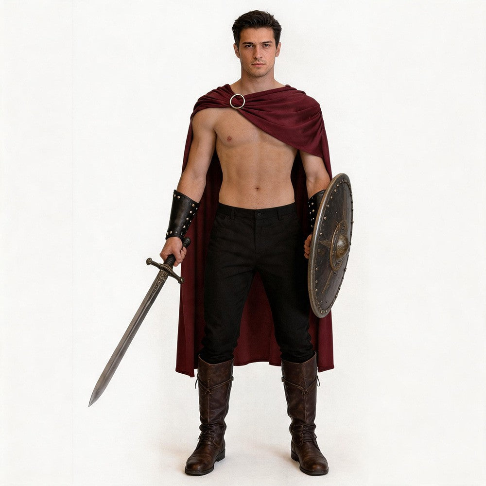 Men Spartan Warrior Cape CostumeMedieval Knight Cloak Set Halloween Carnival Masquerade Party Cosplay Outfit for Adult Male Stag