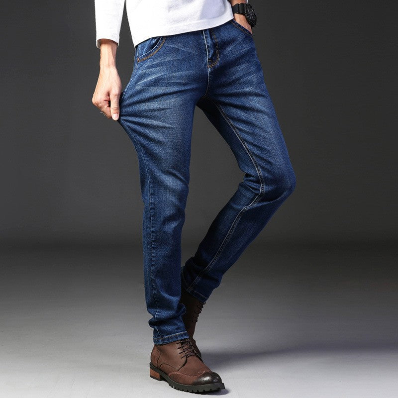 2025 Primavera Outono Novas Calças Jeans Masculinas Casuais Retas Elásticas Moda Clássica Azul Preta Calças Jeans de Trabalho Marca de Roupas Masculinas