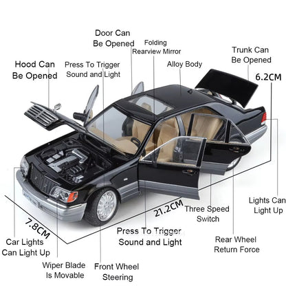 1:24 300SL W140 Carro de Brinquedo Modelo de Liga Fundido com Luz e Som, Carroceria Aberta, Modelos em Miniatura, Brinquedos Clássicos de Presente para Meninos