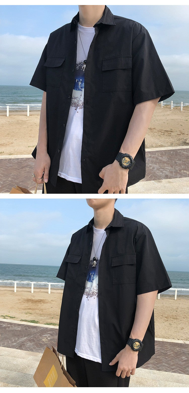 Summer Basic Shirts for Men 2025 New Half Sleeve Cargo Shirts Loose Casual Lapel Cardigan Tops Male Shirt Coats Retro Streetwear