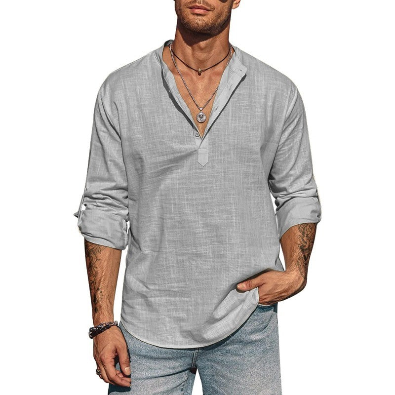 Mens Long Sleeve Cotton Shirt Linen Stand Collar T-shirts Lightweight Breathable Streetwear Half Button Hawaiian Large Shirt