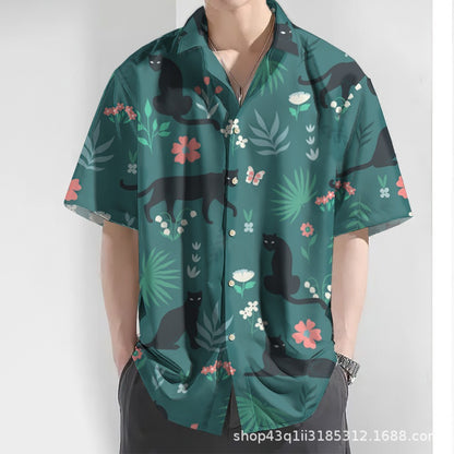 New Men's Hawaii Yellow Shirts Creative Chinese Landscape Painting Short Sleeve Aloha Shirts Cuban Style Summer Plus Size
