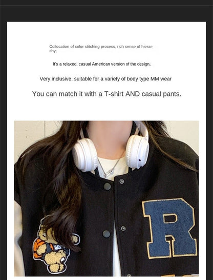 New Autumn and Winter Padded Baseball Jersey Women American Retro Loose Sweater Women Jacket