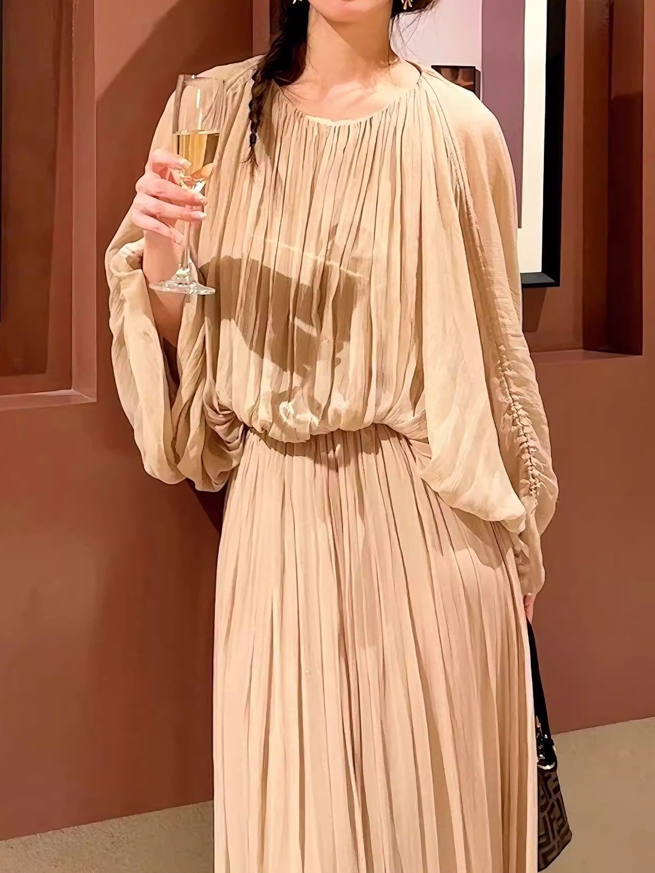 Ladies 100% Silk Elegant Set Pure Color Drawstring Long Sleeve Round Neck Shirt + A-Line Elastic Waist Maxi Skirt Holiday Suits