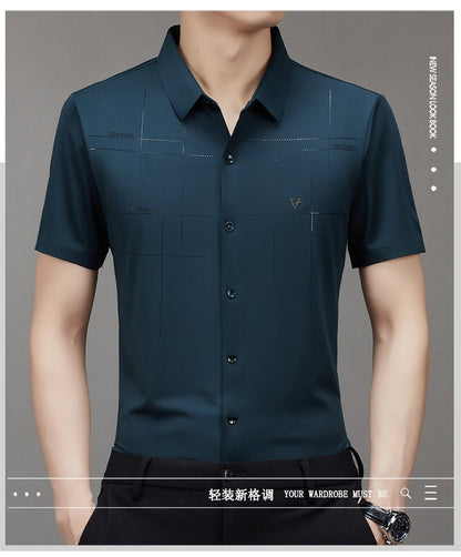 Men's Ice Silk Business Shirt Short Sleeve Anti-wrinkle Iron-free Seamless Shirt Highly Elastic Comfortable Wear Gift for Man