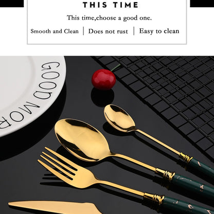 New Green Gold Ceramic Handle Dinnerware Cutlery Set Stainless Steel Tableware Western Knife Fork Spoon Flatware Silverware Set