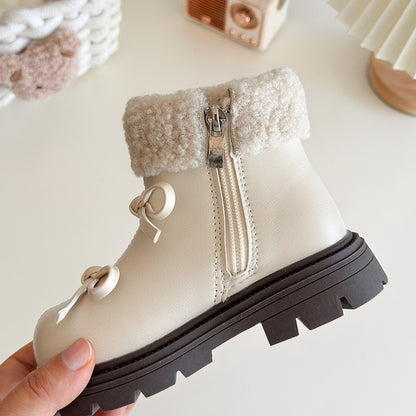 Girls Padded Fashion Leather Boots 2-18 Years Old Thickened Bow Hairy Girls Cotton Shoes Winter Beige Soft Non-slip Kids Boots