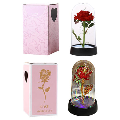 Artificial Rose Flowers Eternal Rose LED Light Foil Flower in Glass Cover Simulation Rose Flower Christmas Teachers' Day Gifts