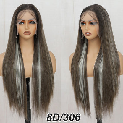 Perucas Frontais de Renda Reta de 30 polegadas 13X4 Castanho Claro P12/24 Ombre Coloridas Pré-selecionadas Macias Naturais de Alta Temperatura para Cosplay