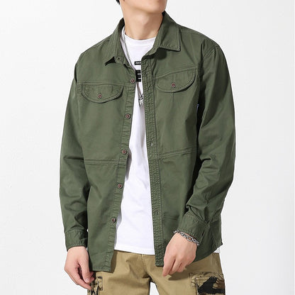 Men Slim Fit Turn-Down Collar Loose Cargo Shrit Spring Autumn Casual Wash Cotton Safari Style Jacket with Multiple Pockets Coat