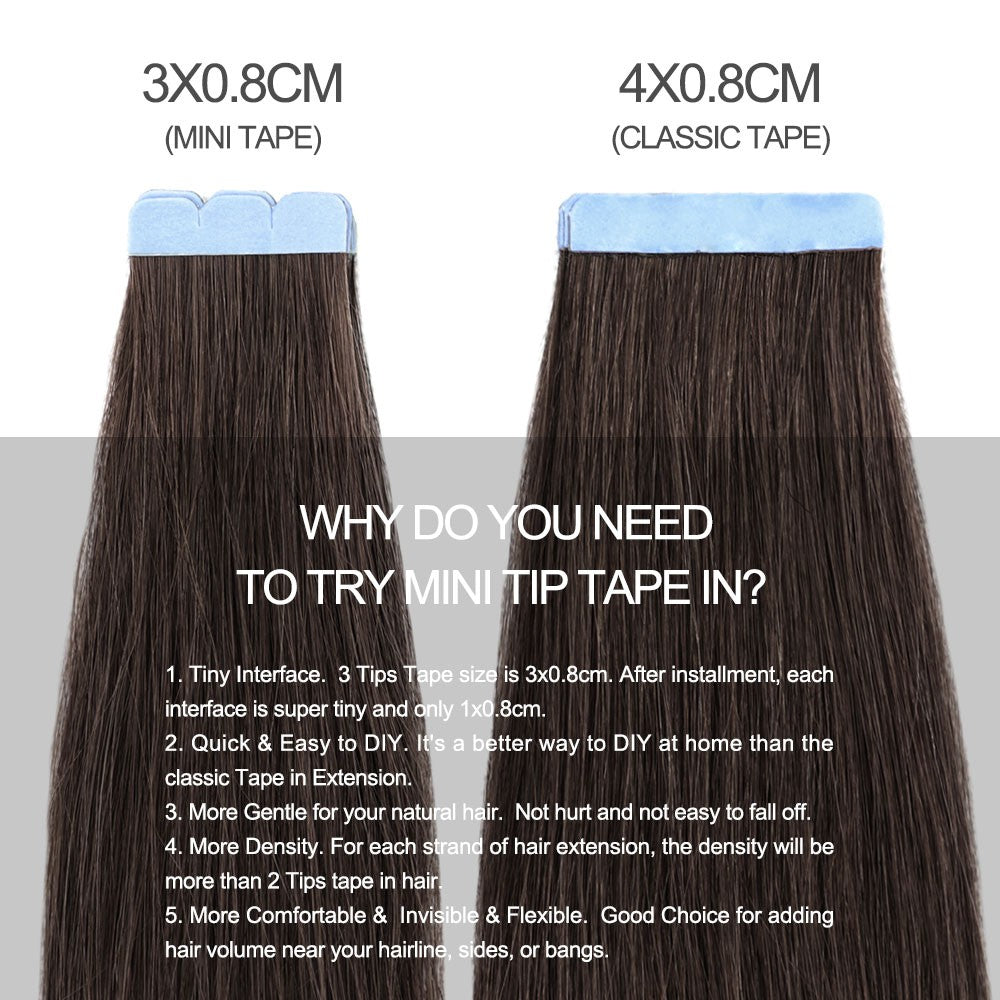 MRSHAIR Mini Extensões de Cabelo com Fita Cabelo Humano Fita Natural em Extensões de Cabelo 3x0.8cm Fita Invisível 10unid/pacote Para Cabelo Lateral