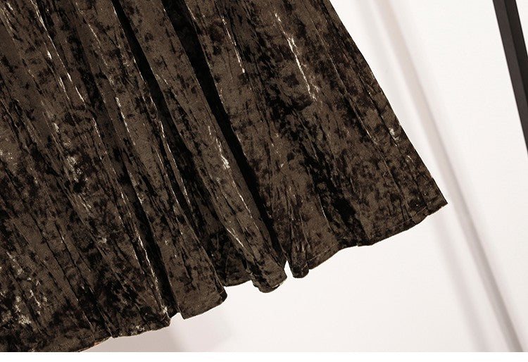 Autumn Winter Girls New A-line Velvet Skirt 2025 Plus Size Gold Velvet Half Pleated Skirt Solid Versatile High Waist Mid Skirt