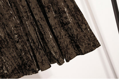Autumn Winter Girls New A-line Velvet Skirt 2025 Plus Size Gold Velvet Half Pleated Skirt Solid Versatile High Waist Mid Skirt
