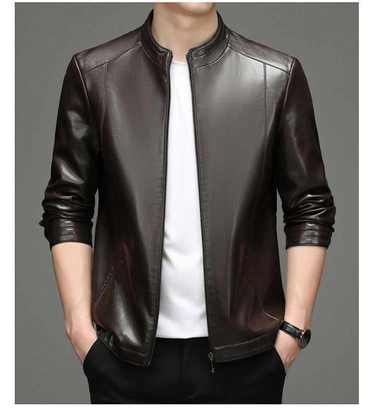 Spring and Autumn New Men's Lapel Leather Jacket Male Business Casual Middle-aged Men's Handsome Short Leather Coat Jackets 2025