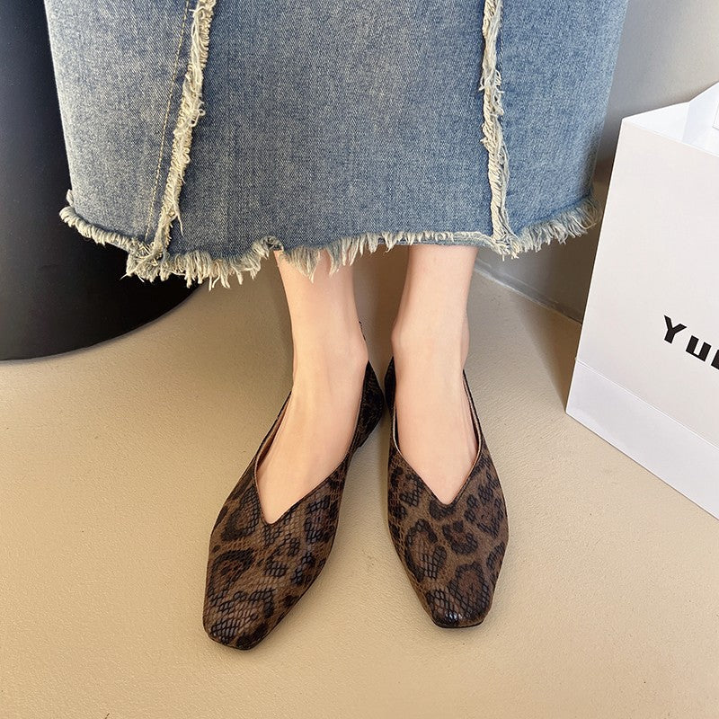 Big Size 35-43Snake Pattern Leather Woman Square Toe Shallow Ballet Flats Wowen Ballerinas Daily Slip on Loafers Mocasines Mujer