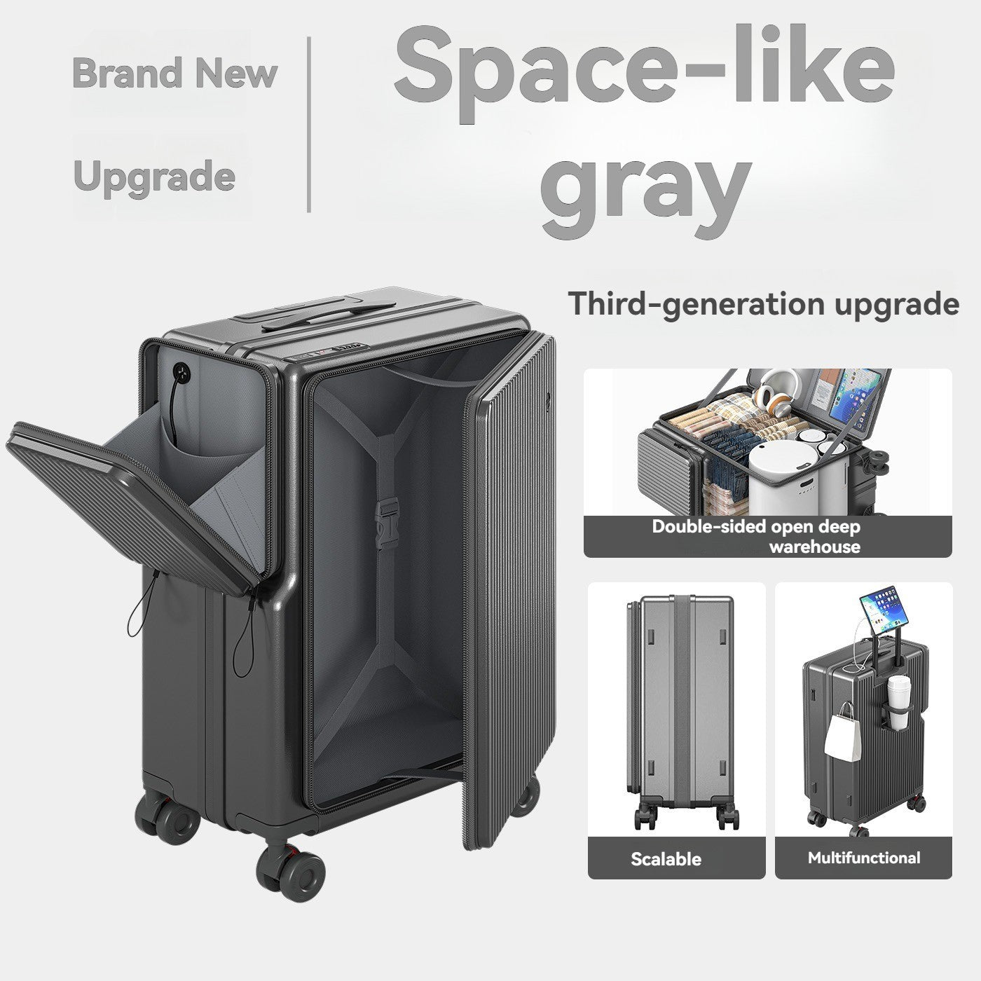 Nova Bagagem com Abertura Frontal de Grande Capacidade, Expansível, Porta-Copos, Carregamento USB, Alça Telescópica e Rodas Universais