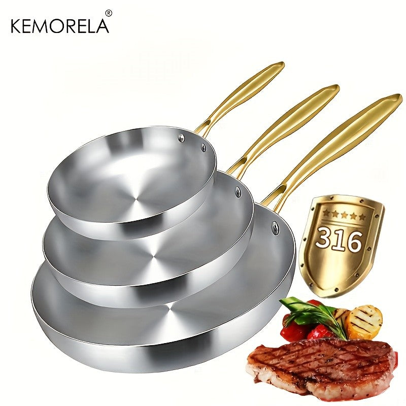 KEMORELA 3PCS 316 Stainless Steel Gold Handle Non-Stick Frying Pan Set 2MM Thick 5-Ply Wok Pan Food Grade Safety Multiple Sizes
