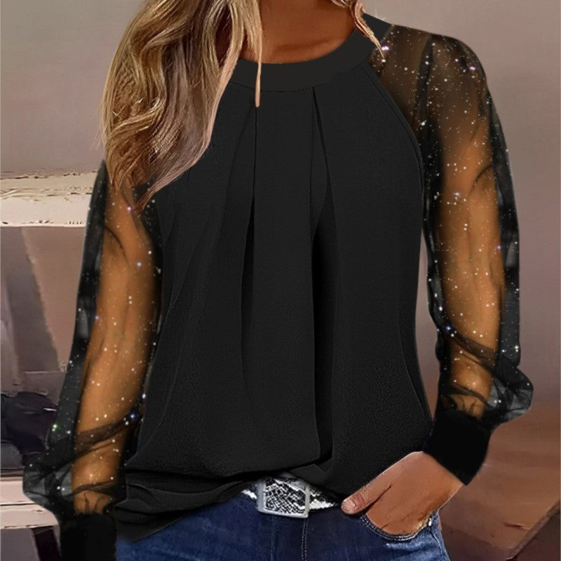 Spring And Autumn Women's Fashionable Round Neck Lace Patchwork Shirt Elegant Long Sleeved Hollow V-neck Loose Fitting Blouse