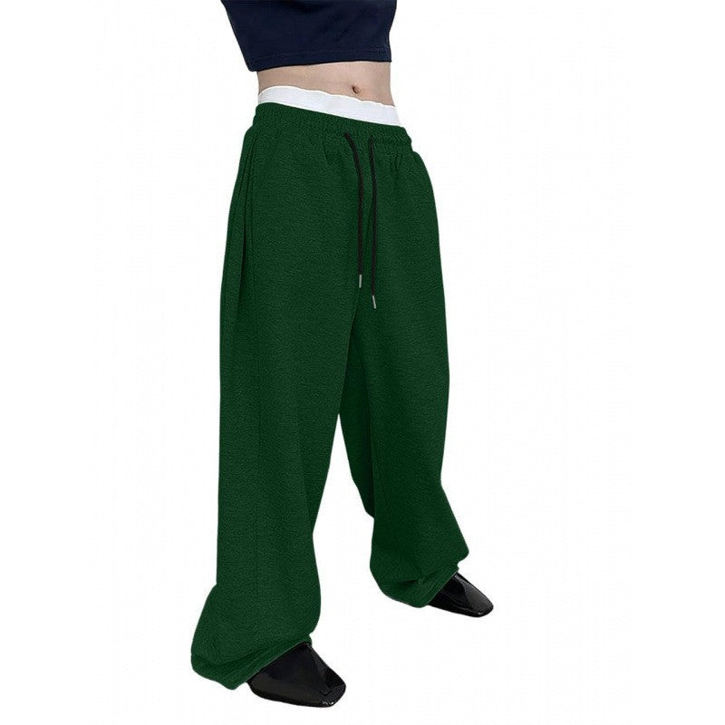 Men's Solid Color Sanitary Pants 2025 Drawstring Waist Straight Wide Leg Loose Fit with Pockets Versatile Sports Trousers