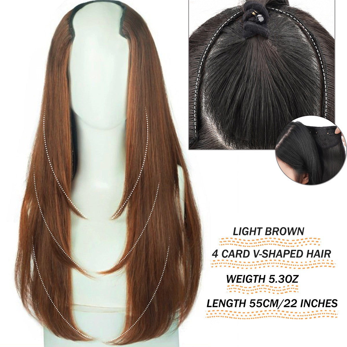 Apliques de Cabelo Sintético Liso Comprido de 22 Polegadas com Grampo em Formato de V Resistente ao Calor Acessórios para Cabelo