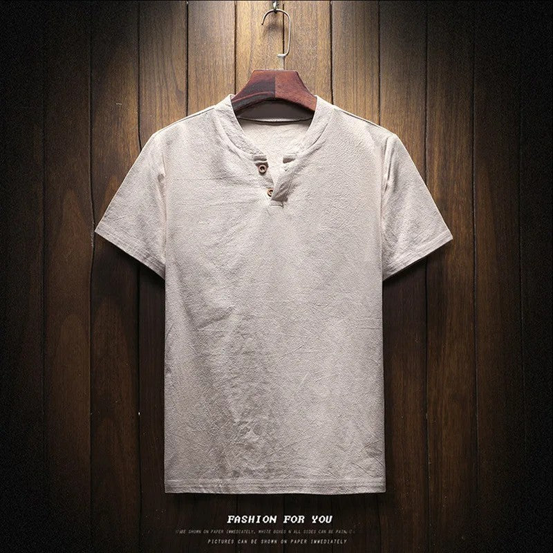 Men's Summer Loose-fit Short Sleeve Linen T-shirt Cotton Linen Body Solid Color Breathable V-neck Thin Top